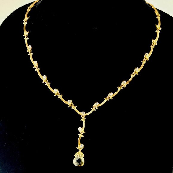 Vintage Gold and Vine, Y Necklance, Birolette Glass and Rhinestones, Pendant - Picture 5 of 14